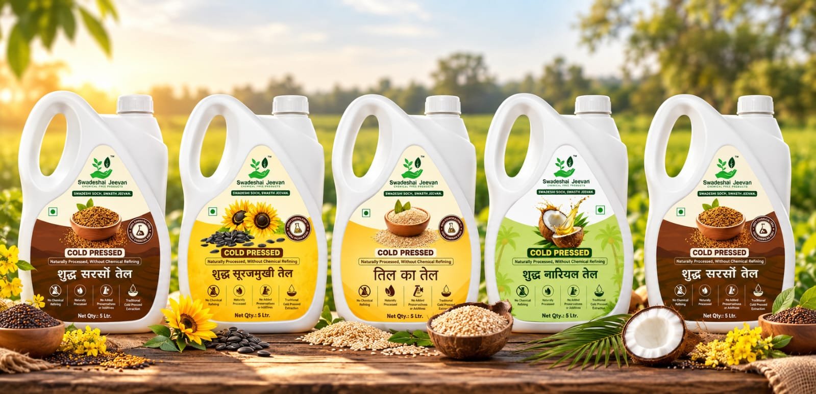 Groundnut, mustard, sesame, coconut and sunflower cold pressed oil bottles